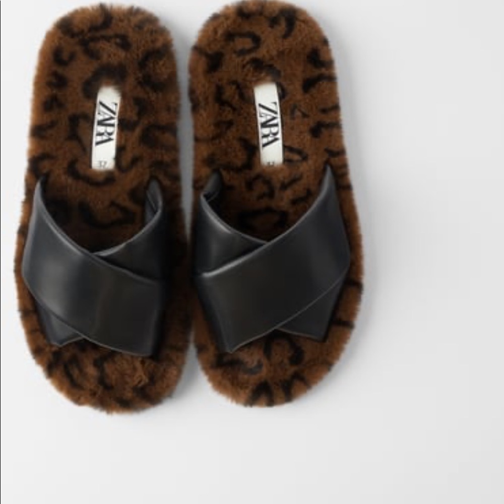 🆕Last Zara Faux Fur Animal Print Slide Sandals